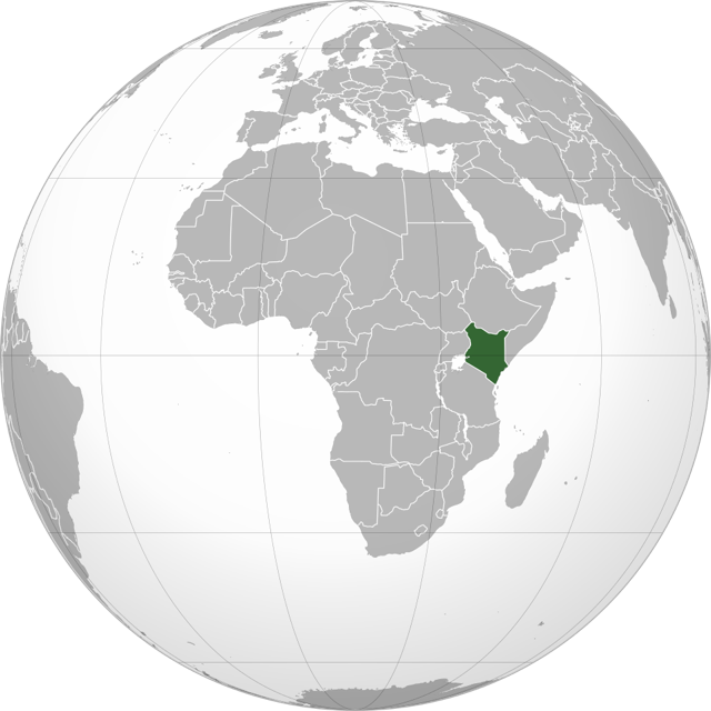 A globe centred on Africa with one country in East Africa highlighted